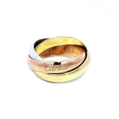 CARTIER TRINITY GOLD RING 18K TRI-COLOR GOLD TRIPLE ROLLING RINGS 5MM SIZE 11: This Cartier Trinity Gold Ring is a luxurious and stylish piece of fine jewelry crafted from 18k yellow, rose and white gold. This ring features 3 rolling bands, each band is 5mm wide, making it a ver