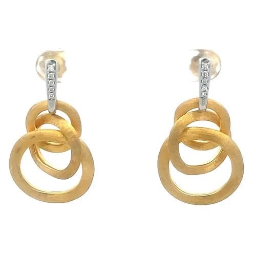 MARCO BICEGO JAIPUR GOLD EARRINGS DIAMOND 18K TWO-TONE INTERLACE DROP STYLE: This Jaipur Collection by Marco Bicego often hallmark irregular and organic shapes, which gives the piece a handcrafted feel. These earrings are crafted from 18k yellow and white gold featuring triple