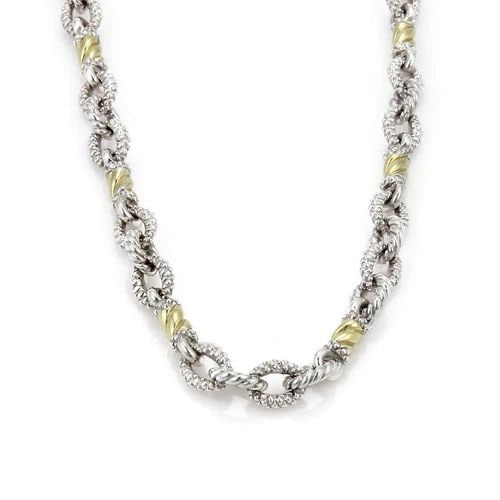 JUDITH RIPKA NECKLACE 18K YELLOW GOLD & STERLING SILVER TEXTURED FANCY LINK: JUDITH RIPKA NECKLACE 18K YELLOW GOLD & STERLING SILVER TEXTURED FANCY LINK Judith Ripka Sterling Silver & 18k Yellow Gold Textured Fancy Link Necklace This is a lovely authentic necklace by Judith Ri