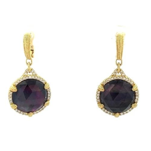 JUDITH RIPKA DIAMOND GOLD EARRINGS 18K YELLOW DROP DANGLE: JUDITH RIPKA DIAMOND GOLD EARRINGS 18K YELLOW DROP DANGLE This lovely pair of authentic earrings are by Judith Ripka, they are crafted from 18k yellow gold featuring textured curved hoop top with wire