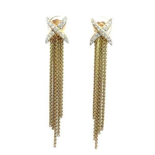 70955 DAVID YURMAN DIAMOND GOLD EARRINGS 18K YELLOW X TOP DANGLE BOX LINK CHAIN: 70955 DAVID YURMAN DIAMOND GOLD EARRINGS 18K YELLOW X TOP DANGLE BOX LINK CHAIN The David Yurman Diamond gold earrings are a stunning pair of dangle earrings made from 18k yellow gold and the butterfl