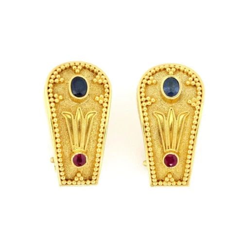 18K YELLOW GOLD SAPPHIRE & RUBY GREEK STYLE FLORAL POST CLIP EARRINGS (1 of 2)