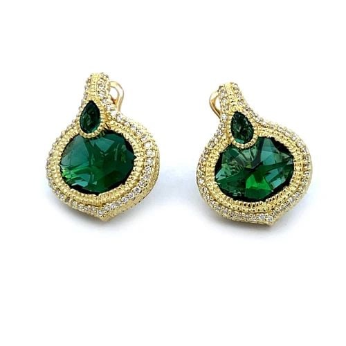 JUDITH RIPKA DIAMOND GREEN STONE 18K YELLOW GOLD HUGGIE EARRINGS: JUDITH RIPKA DIAMOND GREEN STONE 18K YELLOW GOLD HUGGIE EARRINGS This is a beautiful authentic pair of huggie earrings by Judith Ripka, well crafted from 18k yellow gold featuring a wide bottle shape 