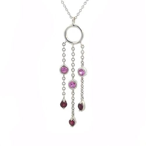 TIFFANY & CO. FRINGE PENDANT PINK SAPPHIRE GARNET 18K GOLD CHAIN: TIFFANY & CO. FRINGE PENDANT PINK SAPPHIRE GARNET 18K GOLD CHAIN Elegant and authentic by Tiffany & Co. from their Fringe Collection. This pendant and chain necklace is crafted from 18k white gold fea