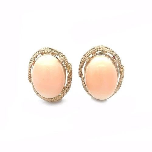 ANGEL SKIN CORAL EARRING GOLD 14K YELLOW POST CLIP HUGGIE STYLE VINTAGE: ANGEL SKIN CORAL EARRING GOLD 14K YELLOW POST CLIP HUGGIE STYLE VINTAGE This beautiful pair of vintage earrings are crafted from 14k yellow gold featuring triple fine rope wire oval frame with post om