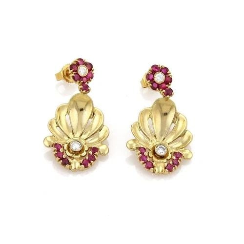 DIAMOND GEMSTONE EARRINGS GOLD 14K CONCAVE FLORAL DANGLE VINTAGE (1 of 2)