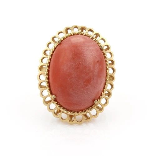 VINTAGE LARGE CORAL RING 14K YELLOW GOLD LARGE SOLITAIRE FANCY OVAL SIZE - 7 (1 of 2)
