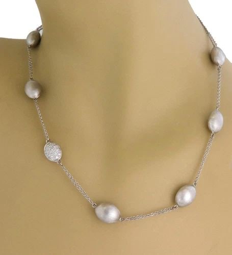 OVAL BEAD DIAMOND NECKLACE 14K WHITE GOLD DOUBLE CHAIN (1 of 2)