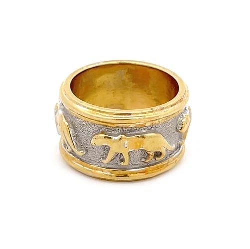 18K PANTHER RING TWO TONE TOLD 12MM WIDE BAND SIZE 6: 18K PANTHER RING TWO TONE TOLD 12MM WIDE BAND SIZE 6 This is an 18k yellow and white gold band a sand grain textured white gold surface with 4 full figure standing panthers in polished yellow gold set