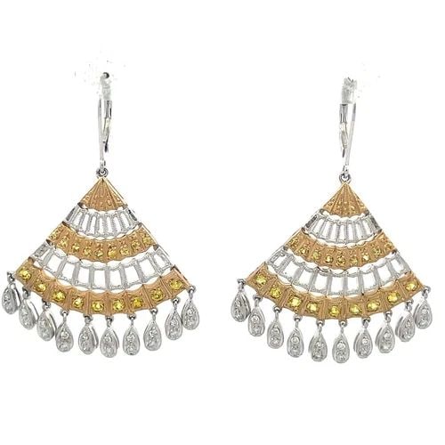 9 DIAMOND GOLD CHANDELIER EARRINGS 14K TWO TONE & GEMS HOOK DANGLE (1 of 2)