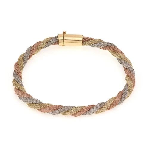 LOVELY 14K TRI-COLOR GOLD TWISTED MESH LINK BRACELET: LOVELY 14K TRI-COLOR GOLD TWISTED MESH LINK BRACELET Lovely 14k Tri-Color Gold Twisted Mesh Link Bracelet Description This vintage bracelet is crafted from 14k rose, white and yellow gold featuring 3 