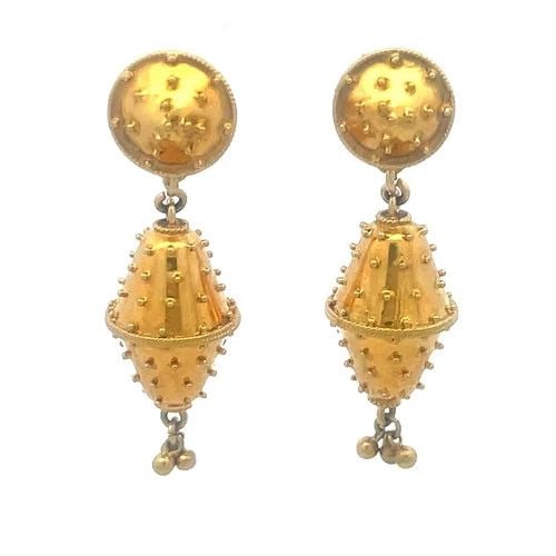 GOLD ETRUSCAN REVIVAL EARRINGS 18K YELLOW BEADED DANGLE STYLE VICTORIAN: These 18k yellow gold Etruscan Revival 2 parts earrings feature a lovely dangle style from the Victorian-Era. The earrings showcase a unique Amphora or urn shape which mimics the Greek jars from ancie