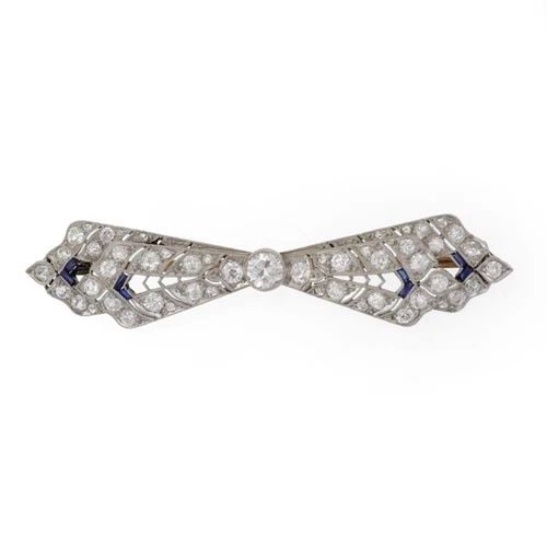 67571 ART DECO PLATINUM GOLD DIAMOND BLUE STONE DOUBLE LAYERED BOW PIN W/CASE (1 of 2)