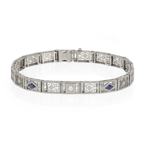 ART DECO DIAMOND PLATINUM 14K GOLD RECTANGLE GATE LINK BRACELET (1 of 2)