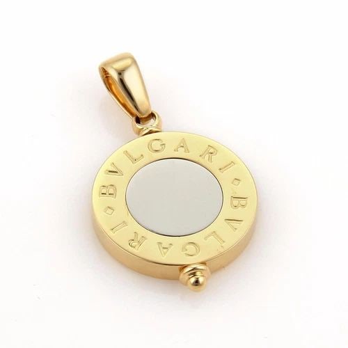 BVLGARI BVLGARI GOLD PENDANT 18K YELLOW & STEEL SIGNATURE CIRCLE DISC: BVLGARI BVLGARI GOLD PENDANT 18K YELLOW & STEEL SIGNATURE CIRCLE DISC The Bulgari gold and steel pendant is a luxurious jewelry piece featuring a round disc with engraved BVLGARI BVLGARI in 18k yellow