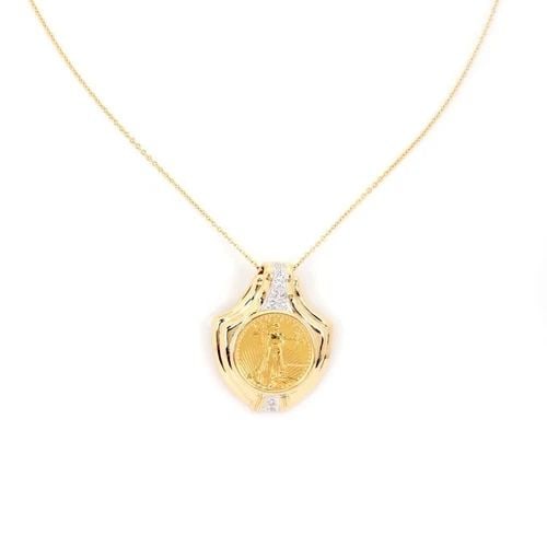 22K LIBERTY COIN PENDANT 14K GOLD 18K GOLD CHAIN: 22K LIBERTY COIN PENDANT 14K GOLD 18K GOLD CHAIN Estate 22k Liberty Coin 14k Gold Diamond Pendant & 18k Gold Chain Description This is a classic pendant and chain necklace, the pendant is crafted from