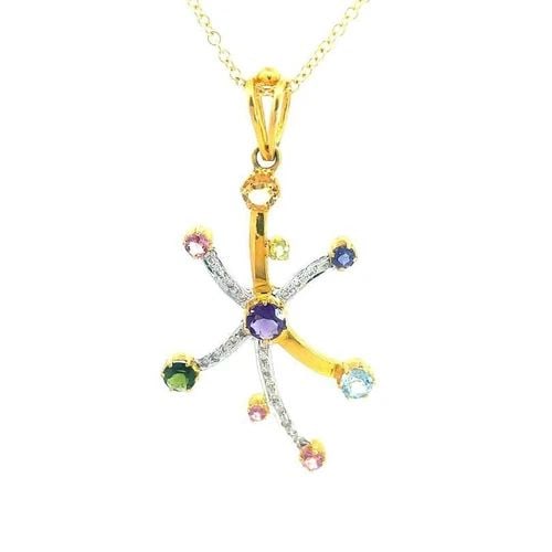 DIAMOND & GEMS GOLD PENDANT 14K TWO TONE MULTI-COLOR FLOWER W/CHAIN: DIAMOND & GEMS GOLD PENDANT 14K TWO TONE MULTI-COLOR FLOWER W/CHAIN This lovely pendant and chain necklace is crafted from 14k yellow and white gold. The pendant features a long curved stem with four 