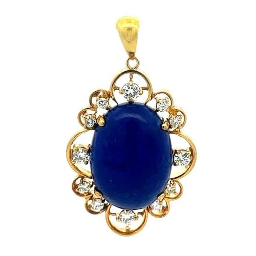 DIAMOND GOLD PENDANT 18K YELLOW LAPIS SCALLOP HALO FLORAL STYLE: DIAMOND GOLD PENDANT 18K YELLOW LAPIS SCALLOP HALO FLORAL STYLE This lovely pendant features and 18k yellow gold frame with a scalloped cluster with round cut natural white diamonds set in an individu