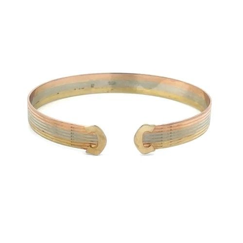 70865 GOLD CUFF BRACELET 14K TRI-COLOR C FLEX BAND: 70865 GOLD CUFF BRACELET 14K TRI-COLOR C FLEX BAND This is a lovely bracelet it is made of 14k yellow, rose and white gold with a flexible cuff band 8mm wide which adds a touch of beauty to any outfit