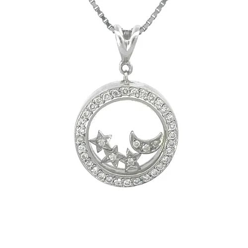 DIAMOND GOLD NECKLACE 14K WHITE FLOATING MOON & STARS BEZEL: DIAMOND GOLD NECKLACE 14K WHITE FLOATING MOON & STARS BEZEL This is a beautiful 14k white gold pendant and chain necklace; the pendant shape is round with double glass cover with diamond bezel, 1 floa