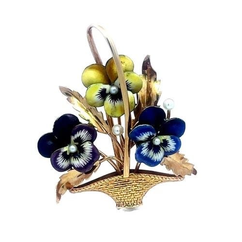 A.J HEDGES GOLD BASKET BROOCH 14K YELLOW ENAMEL PANSY FLOWERS & PEARLS (1 of 2)