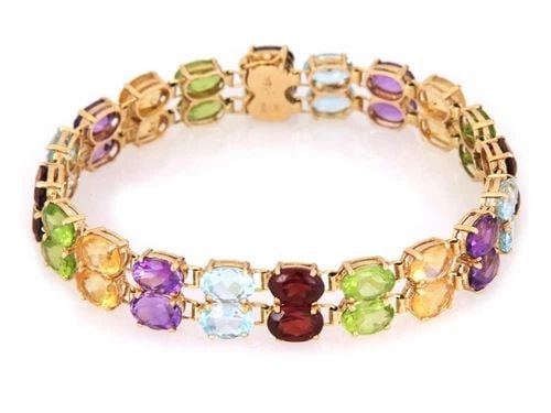 MULTICOLOR GEMS 14K YELLOW GOLD 2 ROW OVAL LINK BRACELET 6.75" L (1 of 2)
