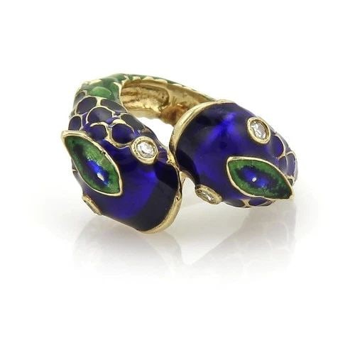 GOLD ENAMEL FISH RING DIAMOND 14K YELLOW BLUE & GREEN BYPASS DESIGN SIZE 5: GOLD ENAMEL FISH RING DIAMOND 14K YELLOW BLUE & GREEN BYPASS DESIGN SIZE 5 This is a stunning bypass vintage ring, it is crafted from 14k yellow gold with a polished finish featuring a double fish bea