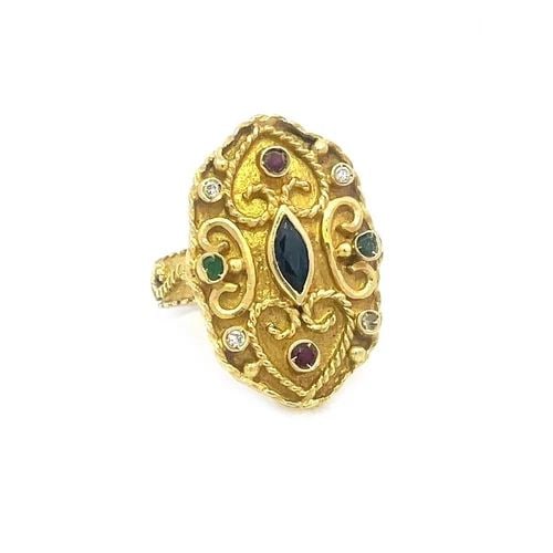 DIAMOND 18K GOLD BYZANTINE RING GEMS YELLOW ETRUSCAN STYLE: DIAMOND 18K GOLD BYZANTINE RING GEMS YELLOW ETRUSCAN STYLE This is a lovely vintage byzantine style ring, it is crafted from 18k yellow gold featuring a long shape top with a marquise stone in the cen
