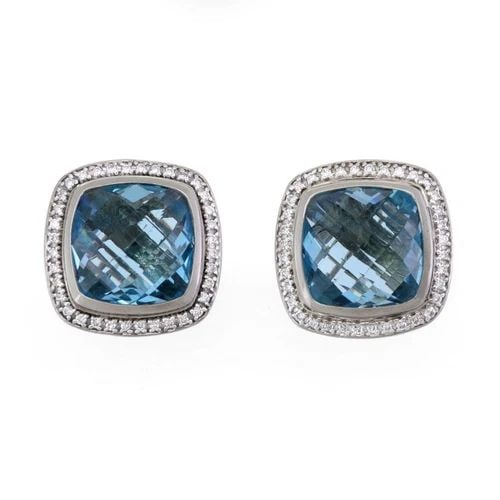 DAVID YURMAN EARRINGS DIAMOND BLUE GEMSTONE STERLING SILVER 18K GOLD: DAVID YURMAN EARRINGS DIAMOND BLUE GEMSTONE STERLING SILVER 18K GOLD The product is a pair of David Yurman earrings featuring a cushion-shaped blue gemstone with white diamonds. The earrings are made 