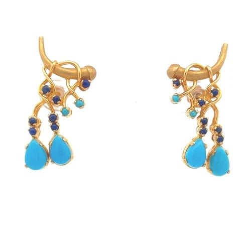 TURQUOISE AND LAPIS 22K YELLOW GOLD FLORAL SCREW BACK LONG EARRINGS: TURQUOISE AND LAPIS 22K YELLOW GOLD FLORAL SCREW BACK LONG EARRINGS Turquoise and Lapis 22k Yellow Gold Floral Screw Back Long Earrings Description This is a beautiful pair of earrings, they are craft