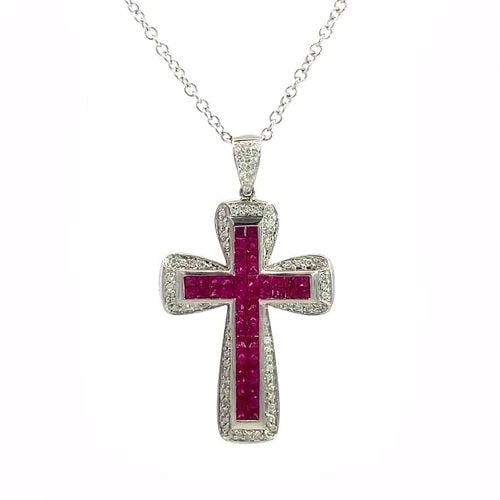 70056 RUBY CROSS PENDANT DIAMOND 1.70CT 14K WHITE GOLD CHAIN: This is a charming pendant and chain necklace, crafted from 14k white gold with a polished finish. The pendant features a beautiful Cross in the center of the frame with double row channel set square 
