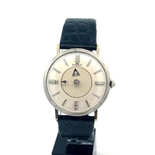 BENRUS MYSTERY DIAMOND DIAL 18K WHITE GOLD HAND WIND MEN'S WRISTWATCH #363384 (1 of 2)