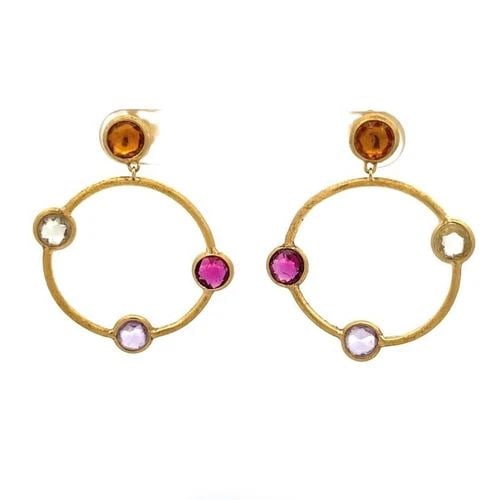MARCO BICEGO HOOP EARRINGS JAIPUR 18K YELLOW GOLD MULTI-COLOR GEMS: MARCO BICEGO HOOP EARRINGS JAIPUR 18K YELLOW GOLD MULTI-COLOR GEMS This lovely pair of hoop earrings are authentic by Marco Bicego from the Jaipur Collection. They are crafted from 18k yellow gold fea