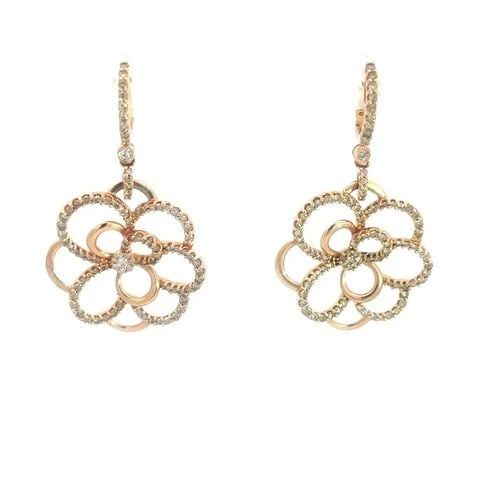 DIAMOND GOLD FLORAL EARRINGS 18K ROSE CAMELLIA DANGLE STYLE: DIAMOND GOLD FLORAL EARRINGS 18K ROSE CAMELLIA DANGLE STYLE The lovely pair of diamond 18k rose gold earrings are a stunning pair of dangle style featuring a beautiful rose gold with a camellia flower