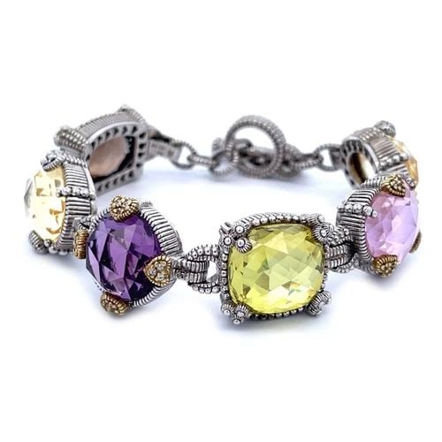 JUDITH RIPKA DIAMOND BRACELETMULTICOLOR COLORED STONES STERLING SILVER 18K GOLD: JUDITH RIPKA DIAMOND BRACELETMULTICOLOR COLORED STONES STERLING SILVER 18K GOLD This is a fashionable authentic bracelet by Judith Ripka, crafted from sterling silver with 18k yellow gold accent featu