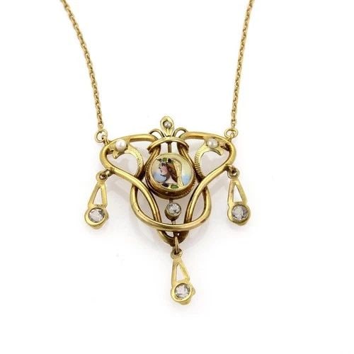 ENAMEL GOLD NECKLACE DANGLE PENDANT 14KT YELLOW VICTORIAN: ENAMEL GOLD NECKLACE DANGLE PENDANT 14KT YELLOW VICTORIAN The Enamel Gold Necklace Dangle Pendant is a stunning piece of Victorian-era jewelry crafted from 14kt yellow gold. The intricate design featu
