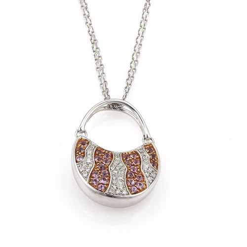 GOLD PURSE PENDANT DIAMOND & GEMS 18K WHITE NECKLACE: GOLD PURSE PENDANT DIAMOND & SAPPHIRE 18K WHITE NECKLACE Diamond & Sapphire 18k White Gold Purse Pendant Necklace Description This beautiful pendant and double chain necklace. It is crafted from 18k w