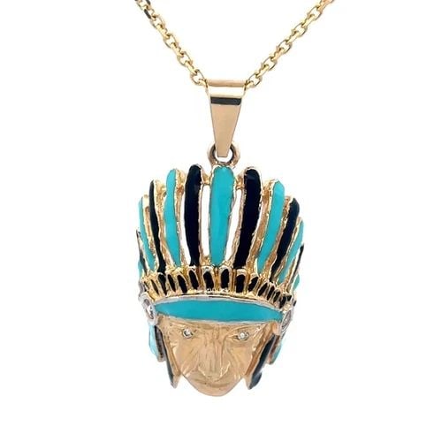 DIAMOND GOLD INDIAN HEAD PENDANT YELLOW 14K CHAIN WITH ENAMEL: DIAMOND GOLD INDIAN HEAD PENDANT YELLOW 14K CHAIN WITH ENAMEL This pendant and chain are crafted from 13k and 14k yellow gold. The pendant features a Native Indian Chief's headdress with blue and blac