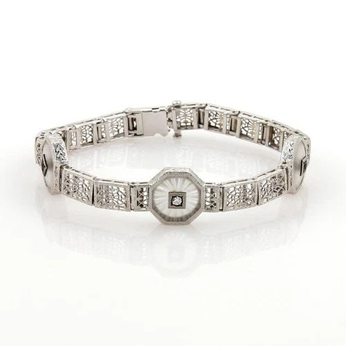 ART DECO DIAMOND GOLD BRACELET FROSTED GLASS OCTAGON 14K WHITE FILIGREE (1 of 2)