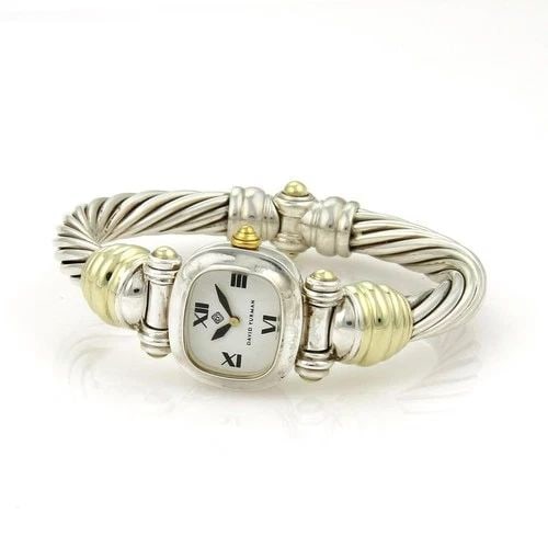 DAVID YURMAN WRISTWATCH STERLING SILVER 14K YELLOW GOLD CABLE BAND QUARTZ 5.75": DAVID YURMAN WRISTWATCH STERLING SILVER 14K YELLOW GOLD CABLE BAND QUARTZ 5.75" The David Yurman wristwatch is a stunning timepiece designed for women, featuring a sterling silver and 14k yellow gold 