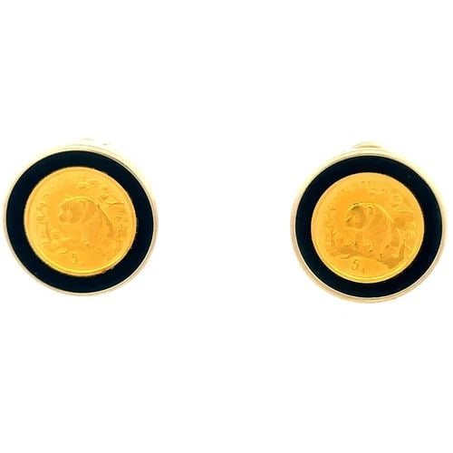 PANDA COIN 24K GOLD EARRINGS ONYX 14K YELLOW ROUND FRAME POST CLIP: PANDA COIN 24K GOLD EARRINGS ONYX 14K YELLOW ROUND FRAME POST CLIP Delve into the elegance of these gold coin earrings, where classic design meets exquisite craftsmanship. Each earring features a meti