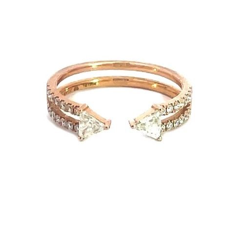 KWIAT DIAMOND GOLD BAND 18K ROSE TRILLION CUT CUFF STYLE RING: The elegant ring is by Kwiat Jewelry, it is crafted from 18k rose gold with an open band style around the back and on each side has round prong set diamonds, the front opeing of the cuff band on each 