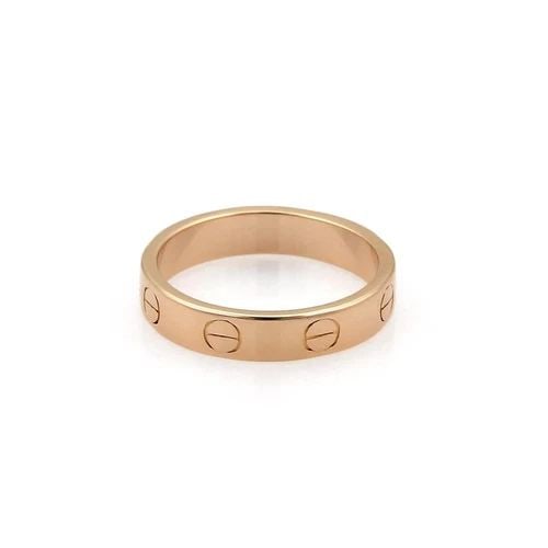 CARTIER MINI LOVE BAND 18K ROSE GOLD SCREW MOTIFS SIZE 49-US 5 W/CERT: CARTIER MINI LOVE BAND 18K ROSE GOLD SCREW MOTIFS SIZE 49-US 5 W/CERT Cartier Mini Love 18k Rose Gold 3.5mm Band Ring Size 49-US 5 w/Cert Description This is an authentic band ring by Cartier, this be