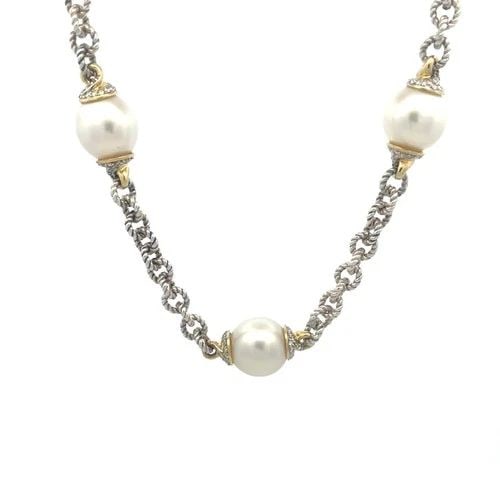 DAVID YURMAN DIAMOND PEARLS NECKLACE STERLING SILVER 18K YELLOW GOLD: This lovely triple pearl necklace is by David Yurman, it is crafted from sterling silver accented with 18k yellow gold. It is a stunning piece of fine jewelry from the DY Madison Collection. The pearl