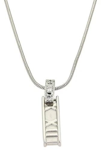 TIFFANY & CO. ATLAS PENDANT DIAMOND 18K WHITE GOLD SNAKE CHAIN NECKLACE: TIFFANY & CO. ATLAS PENDANT DIAMOND 18K WHITE GOLD SNAKE CHAIN NECKLACE Tiffany & Co. White Gold Roman Atlas Diamond Numeral Pendant Necklace Description This elegant authentic necklace is by Tiffany 