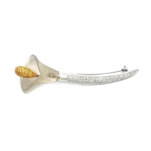 DIAMOND GOLD CALLA LILLY BROOCH 18K TWO TONE FROSTED GLASS FLOWER PIN (1 of 2)