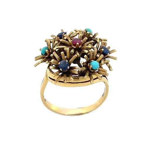 GARAVELLI 237AL VINTAGE MULTICOLOR GEMS 18K YELLOW GOLD MOVABLE FLORAL RING: GARAVELLI 237AL VINTAGE MULTICOLOR GEMS 18K YELLOW GOLD MOVABLE FLORAL RING This is an authentic vintage ring by Garavelli, it is crafted from 18k yellow gold featuring spike petals movable flowers, e