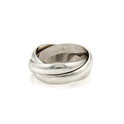 CARTIER TRINITY GOLD RING 18K WHITE TRIPLE BAND ROLLING STYLE SIZE 5: CARTIER TRINITY GOLD RING 18K WHITE TRIPLE BAND ROLLING STYLE SIZE 5 This is a beautiful authentic ring by Cartier, it is crafted from18k white gold with a high polished finish from Cartier's Trinity 