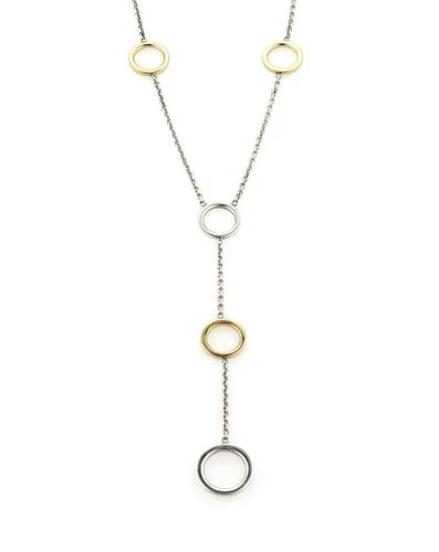 TIFFANY & CO. LARIAT NECKLACE ITALY 925 STERLING 18K YGOLD CIRCLE STATION: TIFFANY & CO. LARIAT NECKLACE ITALY 925 STERLING 18K YGOLD CIRCLE STATION Tiffany & Co. Italy 925 Sterling 18k YGold Circle Station Lariat Necklace Description This elegant authentic Tiffany & Co.neck