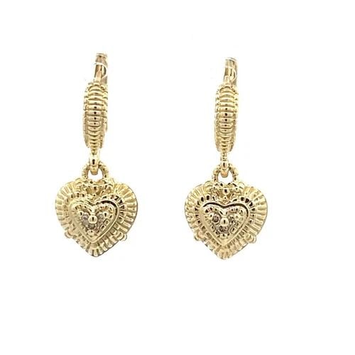 JUDITH RIPKA DIAMOND 14K YELLOW GOLD HEARTS DANGLE EARRINGS SMALL: JUDITH RIPKA DIAMOND 14K YELLOW GOLD HEARTS DANGLE EARRINGS SMALL This adorable authentic pair of earrings are by Judith Ripka, crafted from 14k yellow gold featuring a textured baby curved hoop top w